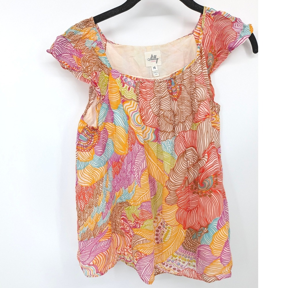 Milly Minis Blouse Girls 14 Multicolor Floral Silk‎ Cotton Flutter Sleeve Top